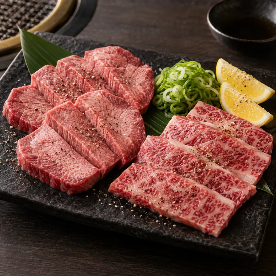 石の皿に並ぶ厚切りタンとカルビ