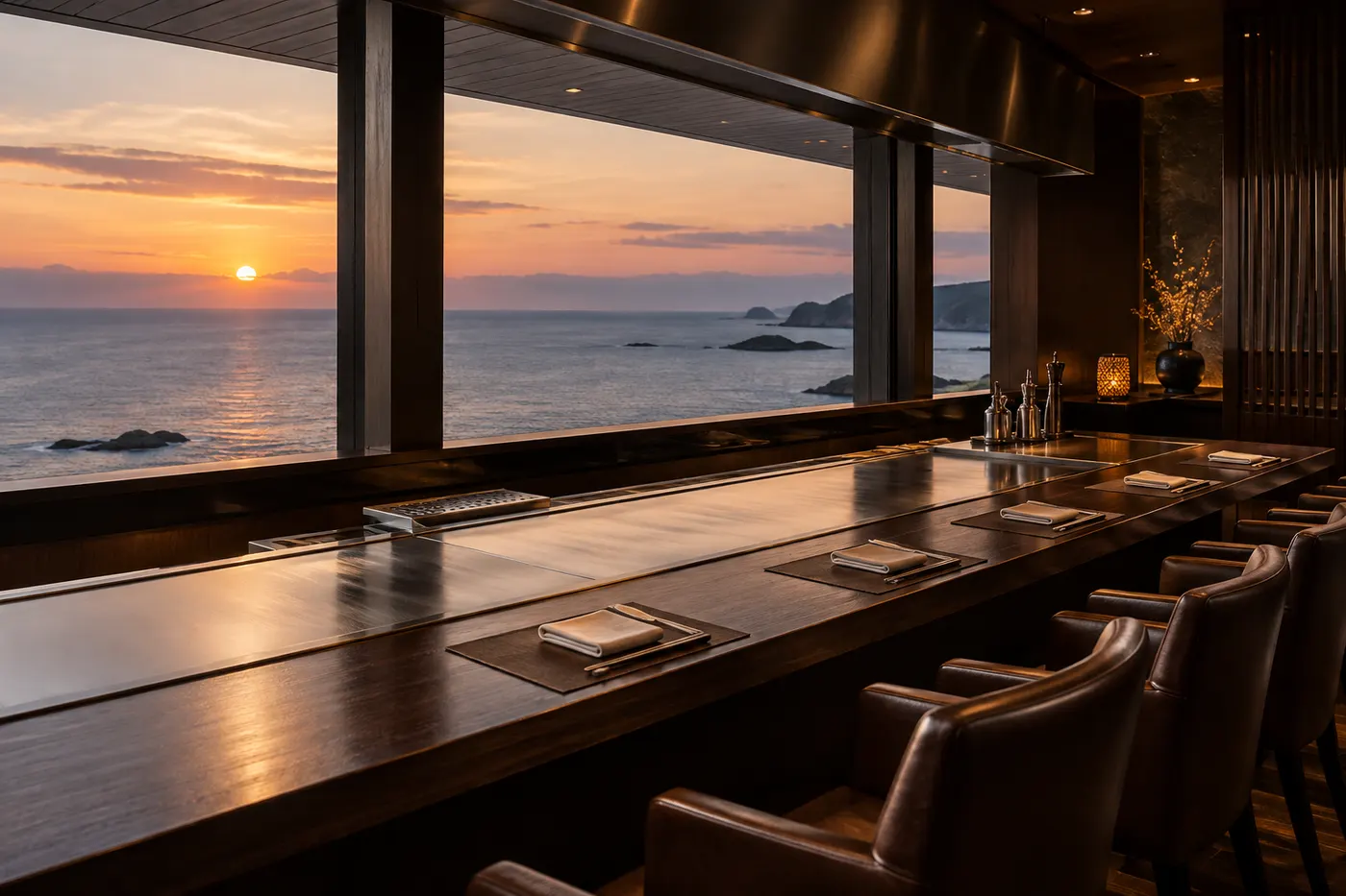 夕景の海が見える鉄板カウンター