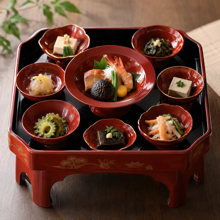 琉球漆器の東道盆に盛られた宮廷料理