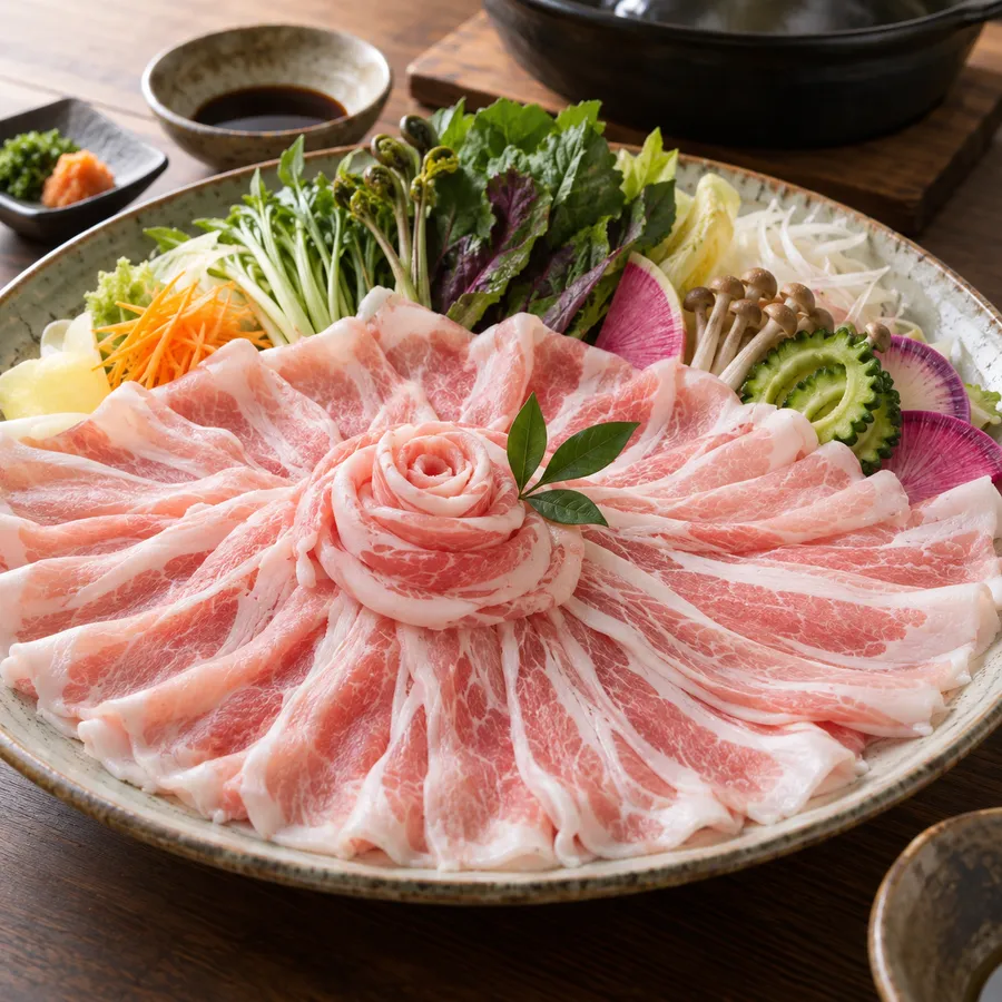 花のように並べた黒豚と季節の野菜