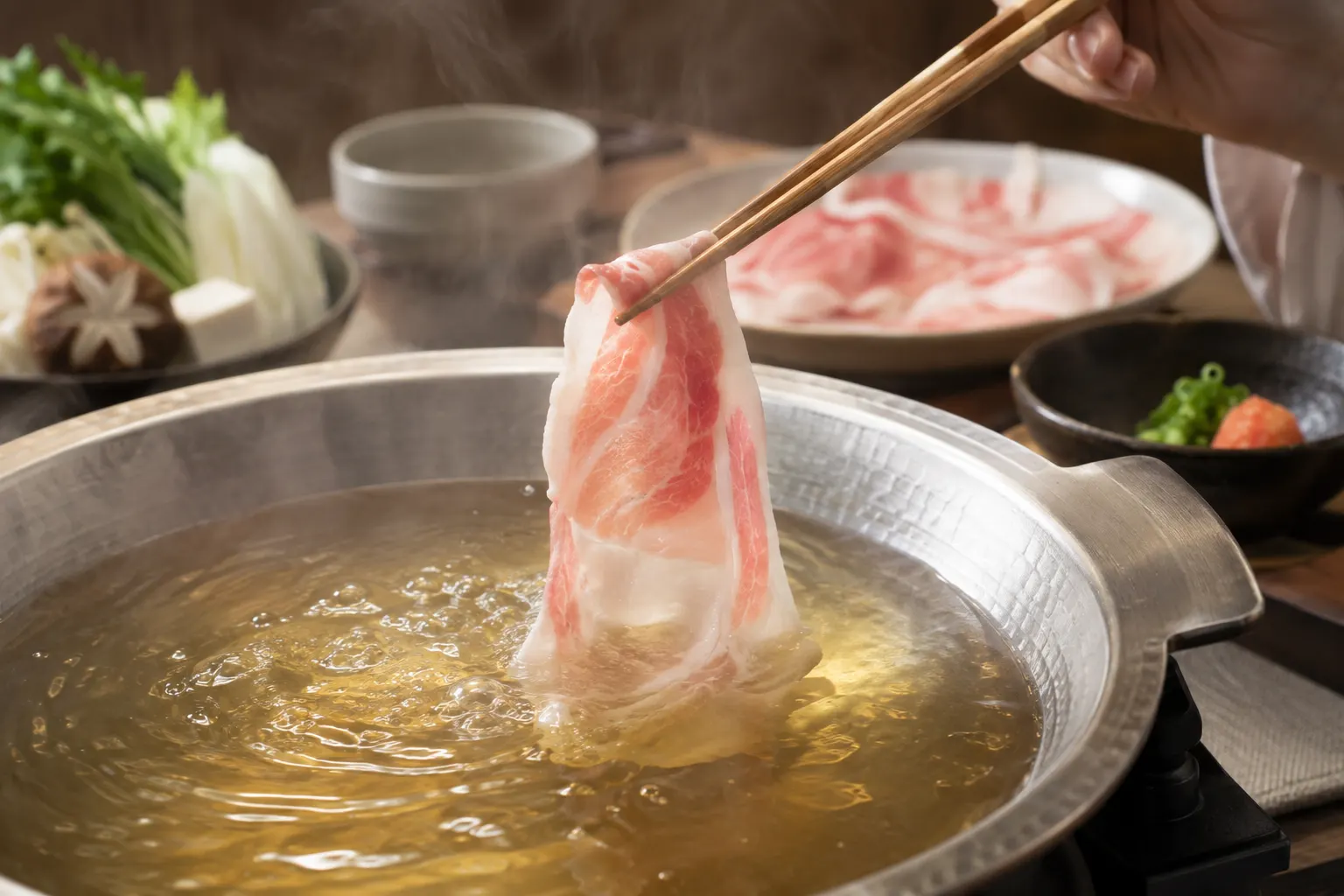 出汁に黒豚をくぐらせる箸
