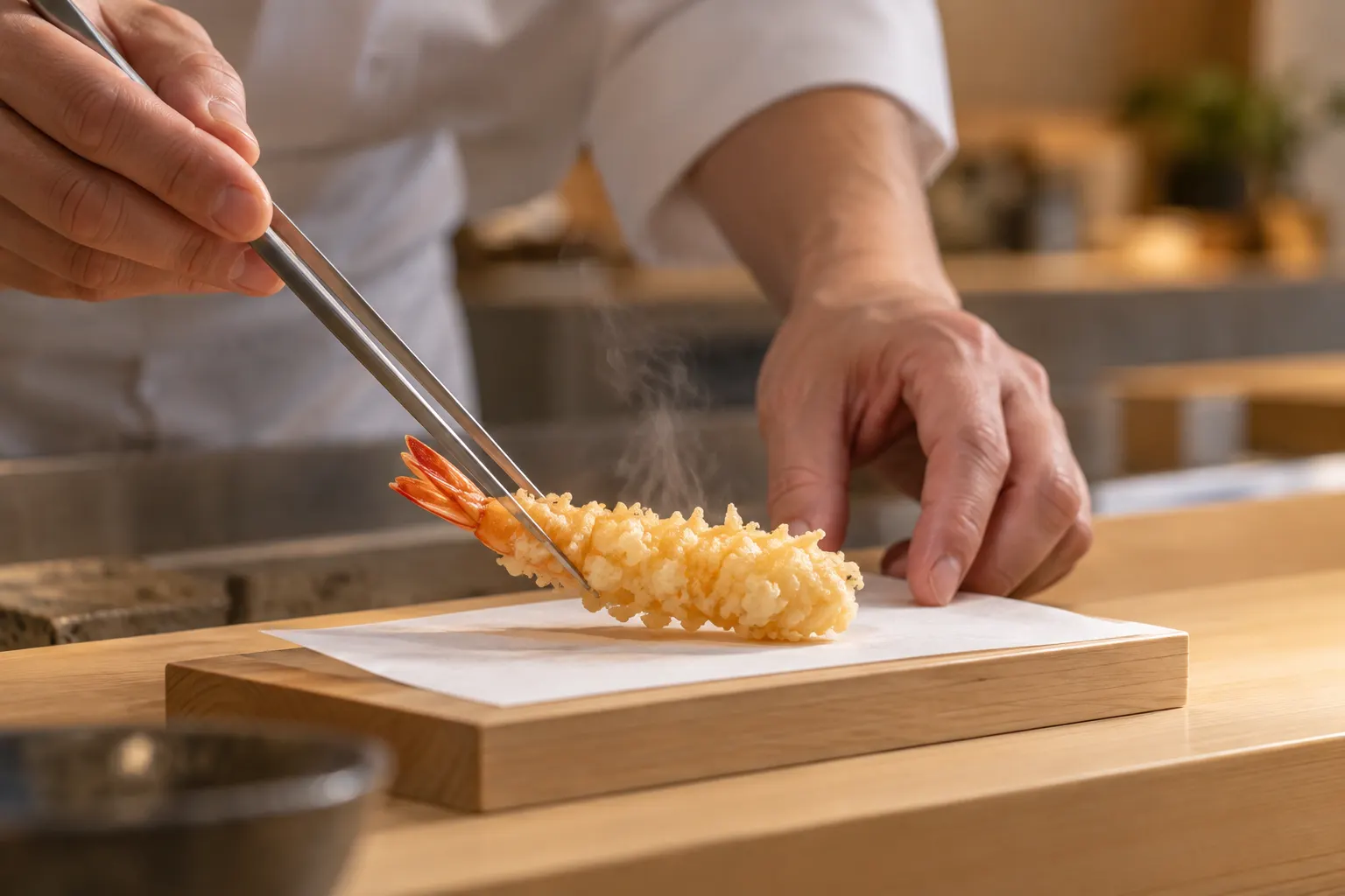 懐紙に揚げたての海老天を置く手元